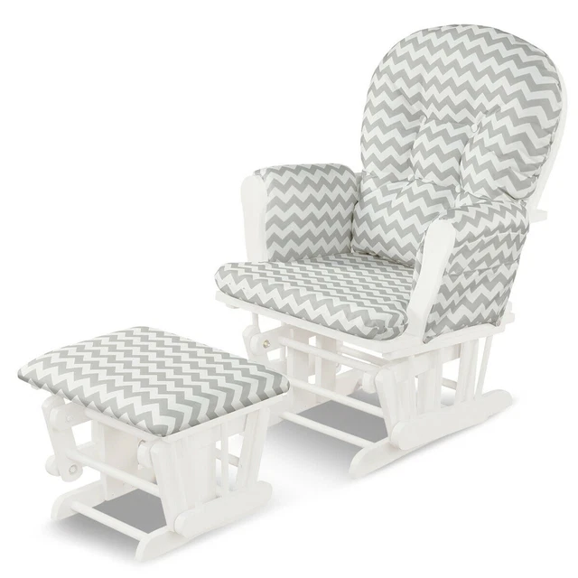 Glider and Ottoman Cushion Set Wood Baby Nursery Rocking Chair Grey + White