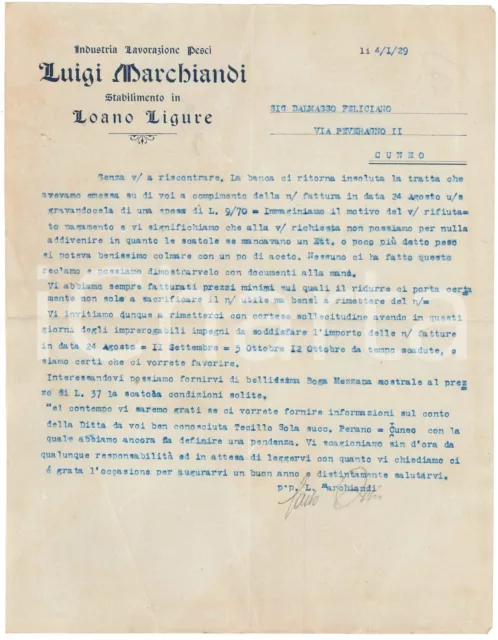 1929 LOANO (SV) Luigi MARCHIANDI lavorazione pesce - Lettera per merce mancante