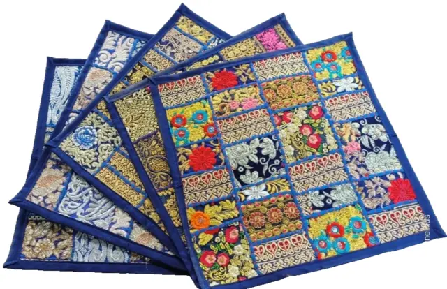 5 pc Blue Handmade Cushion Covers Patchwork Pillow Covers Hand Embroidered