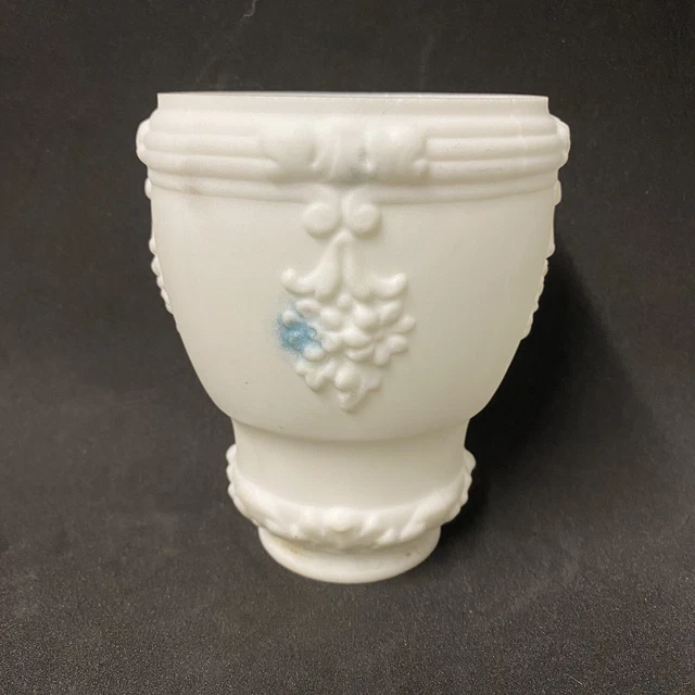 Vintage Satin White Milk Glass Lamp Light Shade Embossed w/ Blue/Yellow Flowers