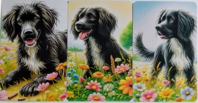 swap cards Modern playing card back set of 3 Dog playing in a field of flowers