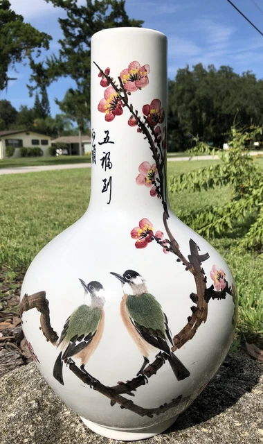 VTG/Antique 17" Chinese Porcelain Oriental VASE Hand Painted birds & flowers art