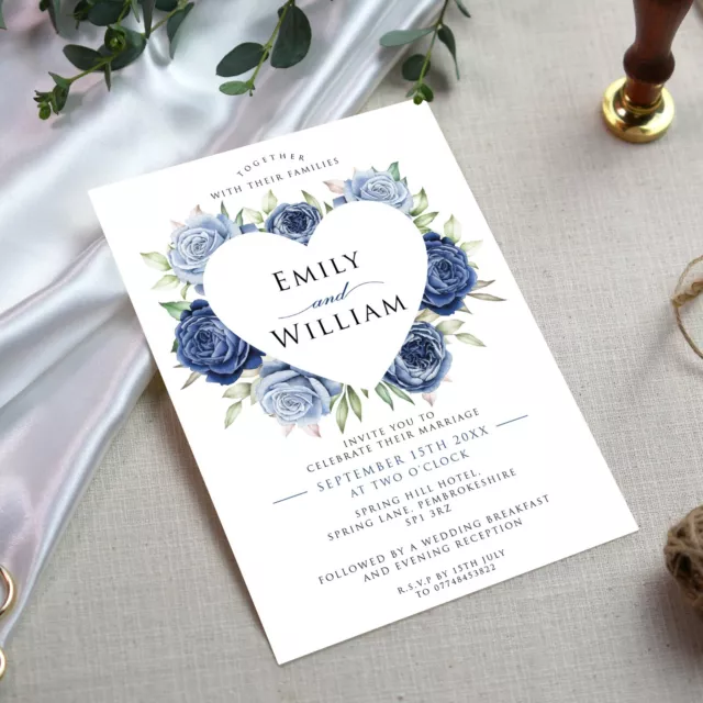 Wedding Invitations Day or Evening Reception, Invites Blue Roses Heart