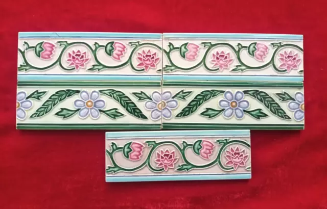 5 Pieces Lot Art Deco Floral Design Embossed Majolica Ceramic Tiles Japan 0326