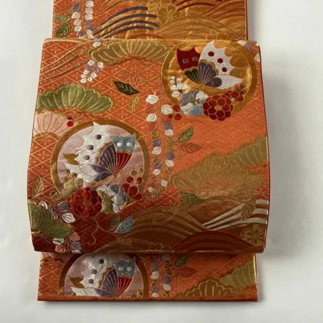 Woman Japanese Kimono Fukuro-obi Silk Orange Butterfly Pine Wisteria Gold Silver