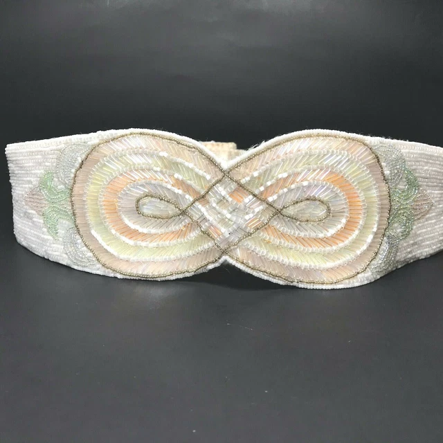 Milor Women's Belt XS-S VTG White Pink Green Beaded Swirl 3" Wide Classic 80's
