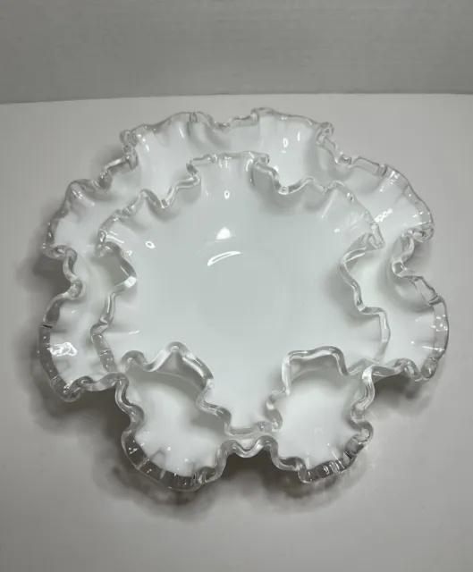 2 Fenton Silver Crest White Milk Glass Ruffled Crimped Edge Bowl Dish 6” & 8”