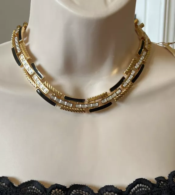 ST. JOHN Swarovski & Black  Enamel Gold Tone Necklace - Beautiful Rare - NWT