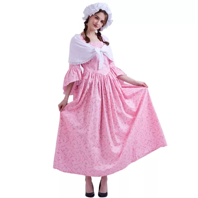 Women Floral Dress Pioneer Colonial Pilgrim Costume Prairie Dress with Bonnet