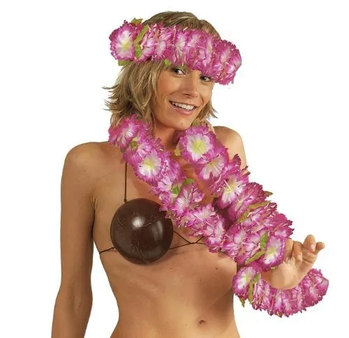 Set hawaïen luxe grosses fleurs violet 2 bracelets 1 collier 1 couronne  hawaï