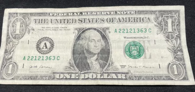 2017 $1 Dollar Bill Insufficient Ink/ink on rollers, Error Note