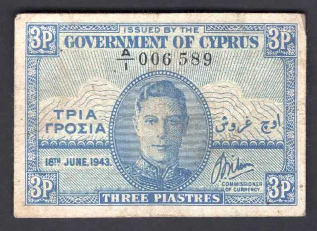 Cyprus, 3 Piastres, 1943 (WPM 28a). A/1 006, 589. F-VF.