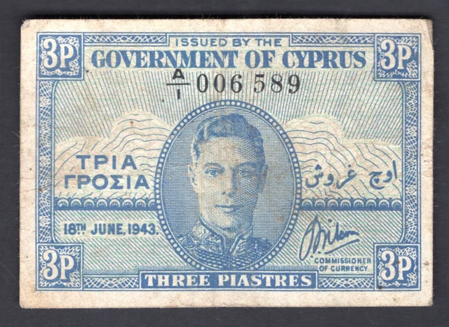 Cyprus, 3 Piastres, 1943 (WPM 28a). A/1 006, 589. F-VF.