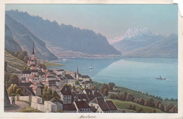 Rudolf Dikenmann: Montreux. Wunderschöne hand-kolorierte Ansicht um 1865