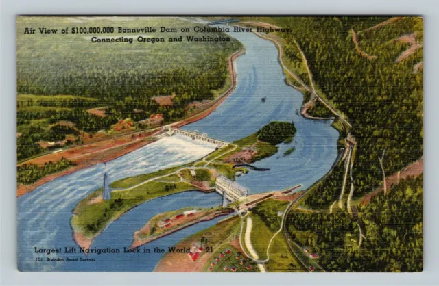 Bonneville Dam WA, Aerial View, Columbia River, Washington Vintage Postcard
