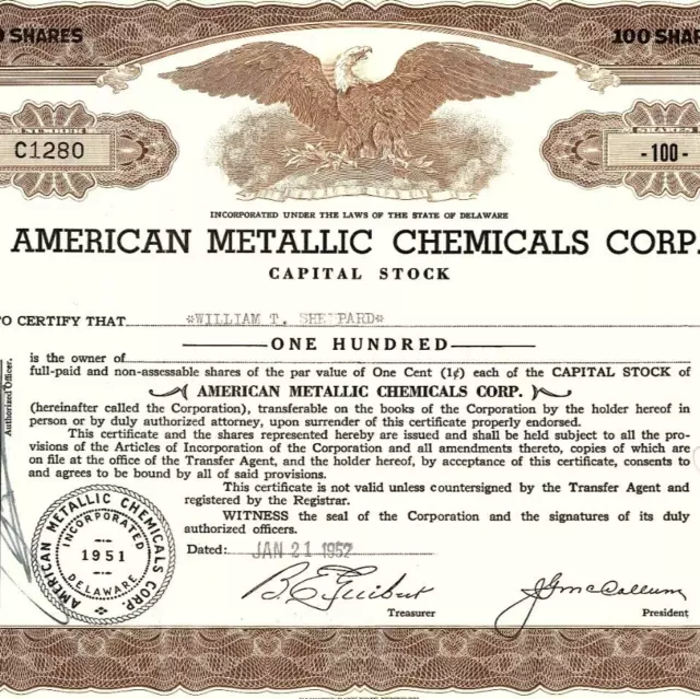 Lot (4) 1952 American Metallic Chemicals Corp Share Certificates Medina OH AMCOR