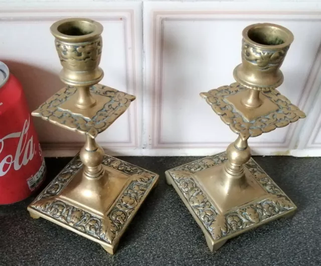 Superb Pair Vintage Brass Candle Sticks-Cast Decors.H-16cm/W-800g.Rare,Excellent