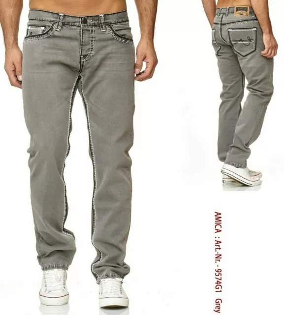 HERREN STRAIGHT FIT JEANS CHINO HOSE DICKE NAHT BLAU    nähte Grau