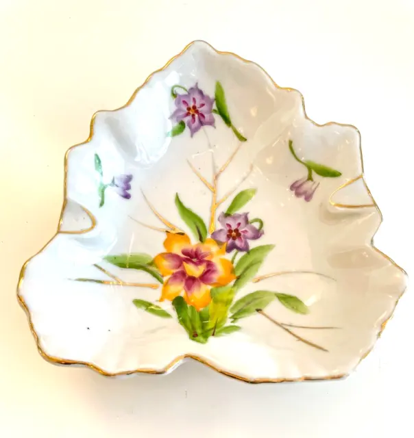 Vintage Leaf Shape Trinket /Ashtray Dish Wales China Hand Painted Floral Japan