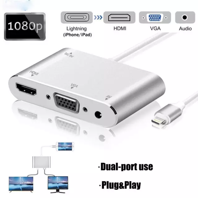 Adaptador de audio 3 en 1 Hub iphone ipad a HDMI VGA para iPhone 11 Pro Max...