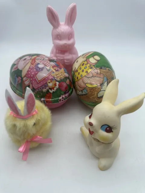 VTG Easter Decoration Lot Paper Mache Egg Plastic Egg Rubber Bunny Chic