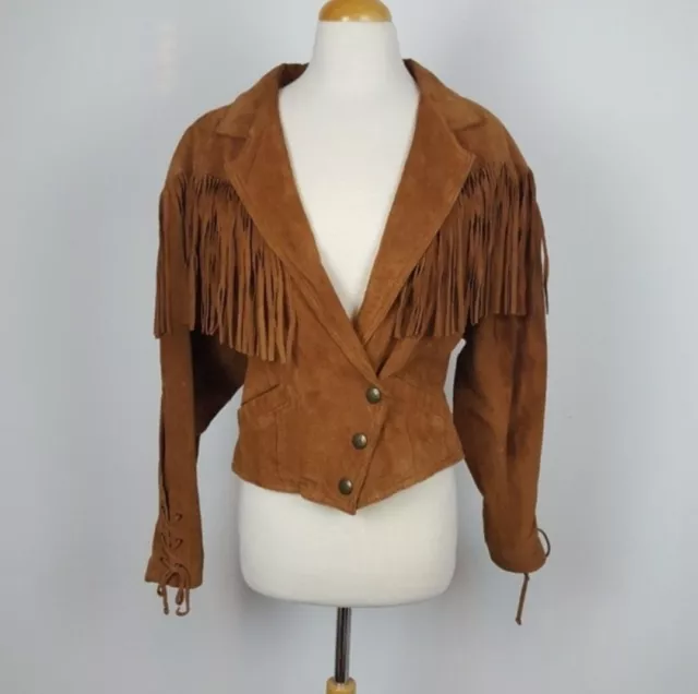 Wilsons Suede Leather Jacket Womens Size Large Short Crop Brown Western Fringe
