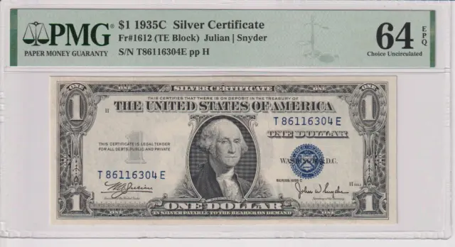 Fr 1612 1935C $1 SC T86116304E PMG 64EPQ CH CU 1935-C Silver Certificate
