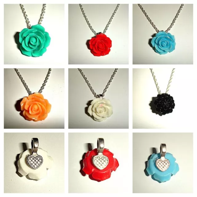 Vintage Style Rose Flower Silver Necklace -You Pick Color - Beautiful