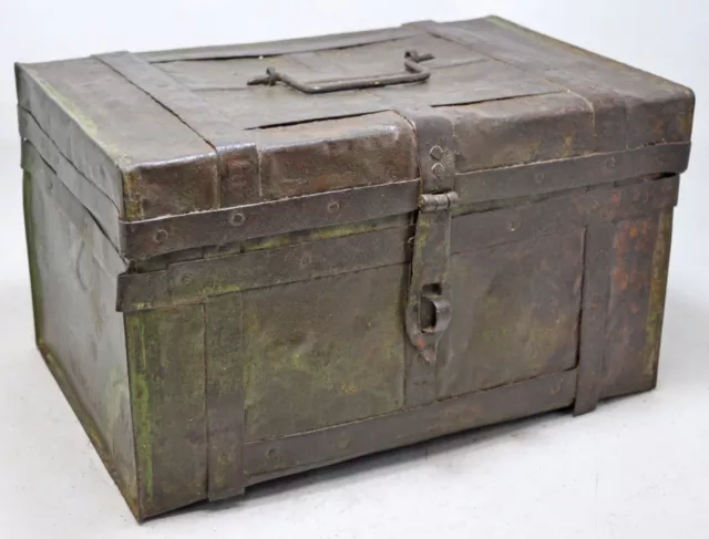 Antique Iron Storage Trunk Box Original Old Hand Crafted Polychrome