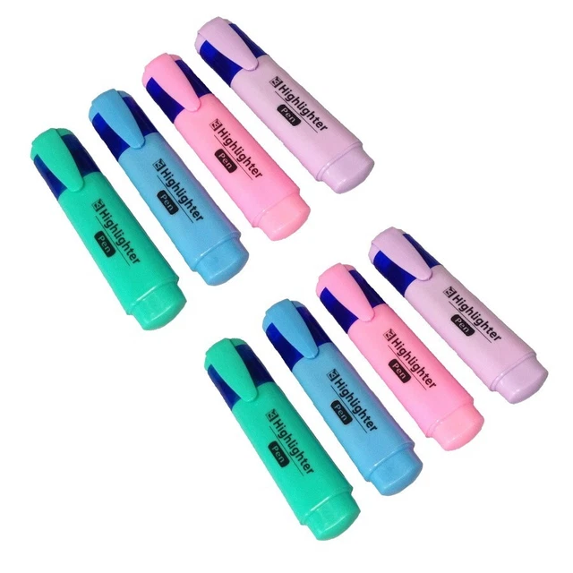 Packung 8 Pastell Farbe Textmarker Stifte Sortiert Rosa Lila Blau Grün PAHI