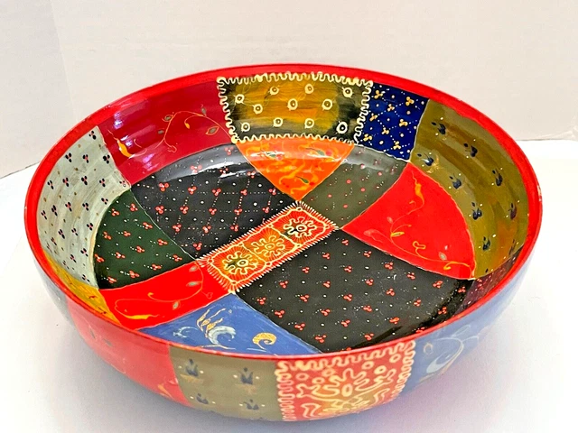 Vintage Bowl Lacquered Wood SIGNED 7.5 Inch Colorful Patchwork