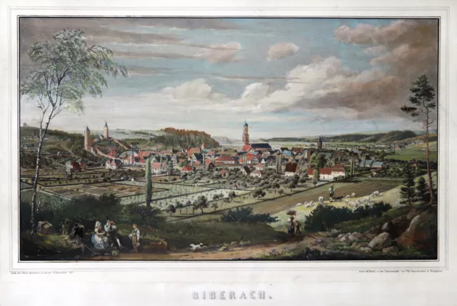 Biberach Riss Gesamtansicht Original kolorierte Lithografie Emminger 1837