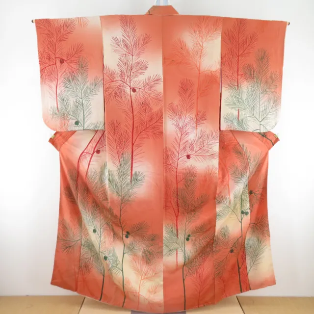 Antique Komon kimono Silk Pine pattern Orange 61.4inch Women's