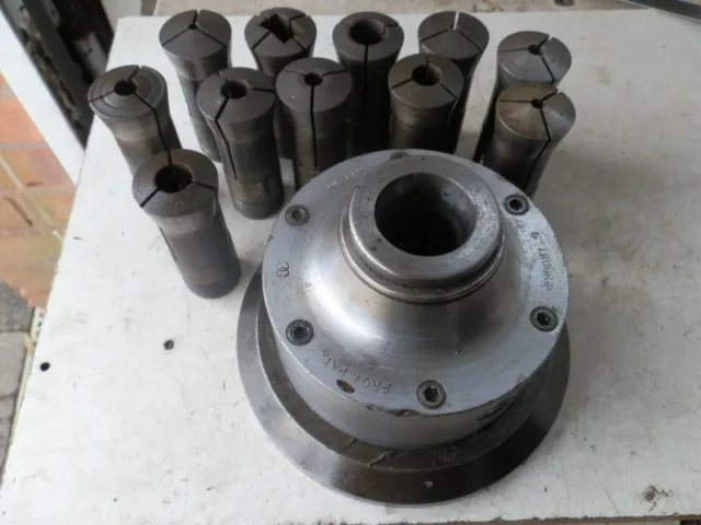 Crawford 5" Trugrip collet chuck with various 9252 collets on 170 mm dia. plate
