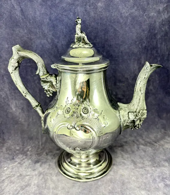 Antique 1856 Silverplate Coffee Pot 10" INSERTED PEARLS, Asian Man Finial Grapes