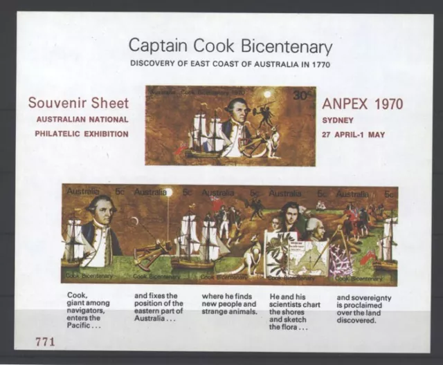 1970 Captain Cook Bicentenary  overprinted " ANPEX  1970 " miniature sheet. MUH