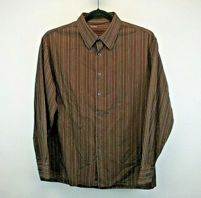 Perry Ellis Button Up Shirt Men's 2 X-Large Brown with Multicolor Stripe Pattern