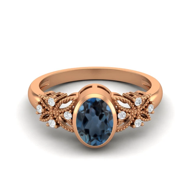 Forme Ovale Naturel Topaze Bleu Londres 10k or Rose Solitaire Celtic Femme Bague
