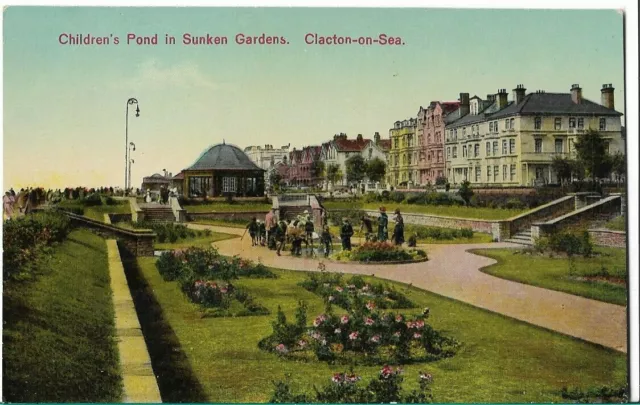 Lovely Vintage Postcard - Children's Pond Sunken Gardens - Clacton On Sea C.1912