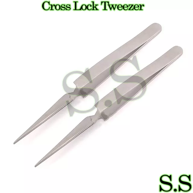 Cross Lock Tweezers Cross Locking Self Closing Reverse Action 4-3/4"