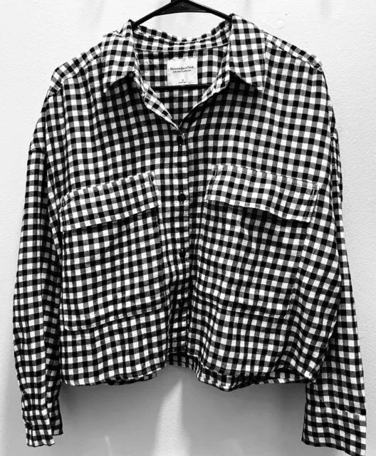 Abercrombie & Fitch Flannel Top Womens S Small Black White Button Up Long Sleeve