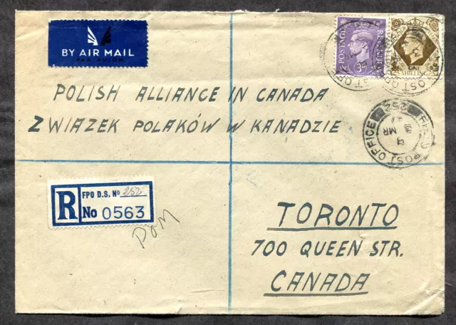 GB 1947 POLAND Army Registered Cover to CANADA. FPO 252 Registration Label