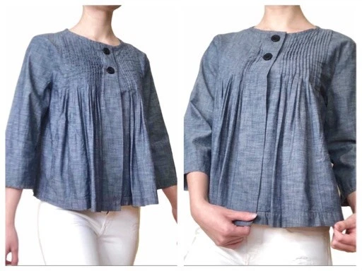 Gap Chambray Blue Pleated Cropped Blazer Button Front Size S
