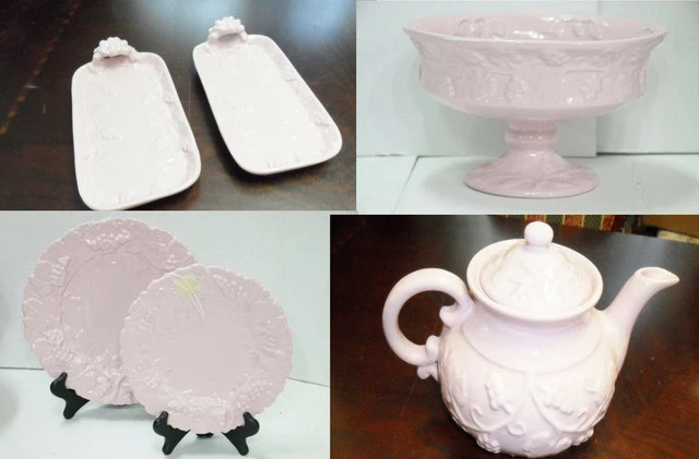 VINTAGE PV ITALY MAJOLICA PINK GRAPES LEAVES  RELIEF TRAYS, TEAPOT, PLATES pick1