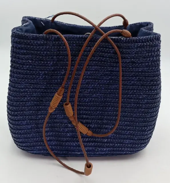 Sun N Sand Blue Woven Shoulder Handbag Tote Leather Strap Size 29x25x14 cm