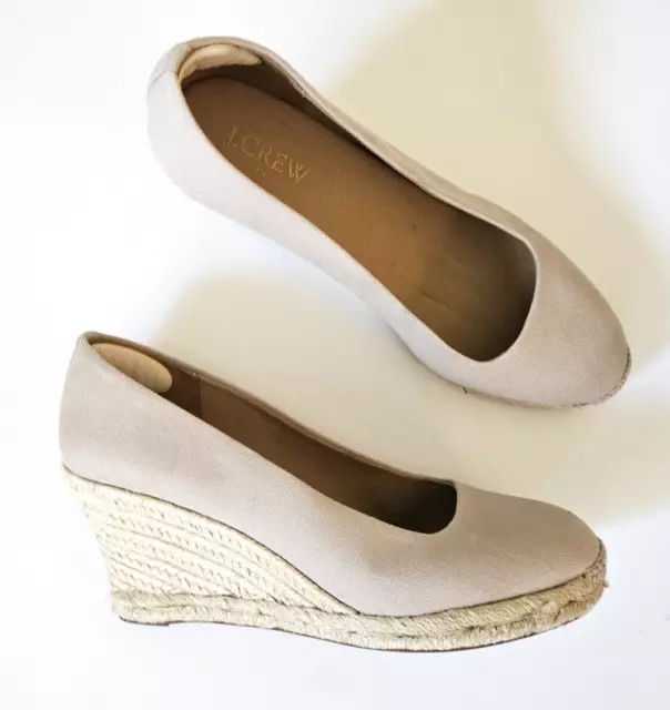 J CREW 8.5 9 Natural Khaki Canvas Wedge Jute Espadrille Sandals Shoes ...