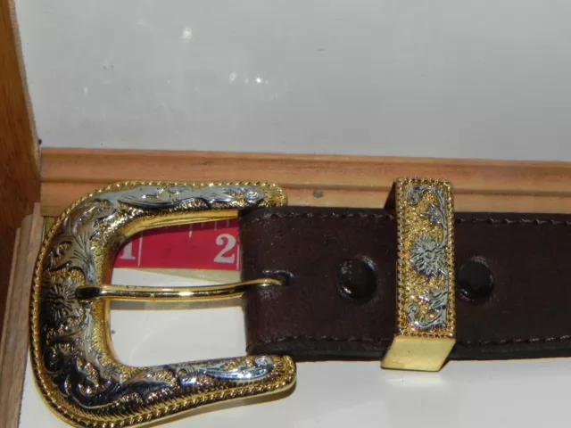 BEAUTIFUL BUCKLE & Tip Dark Brown Belt with Concho's, Horses. Size 38 ...