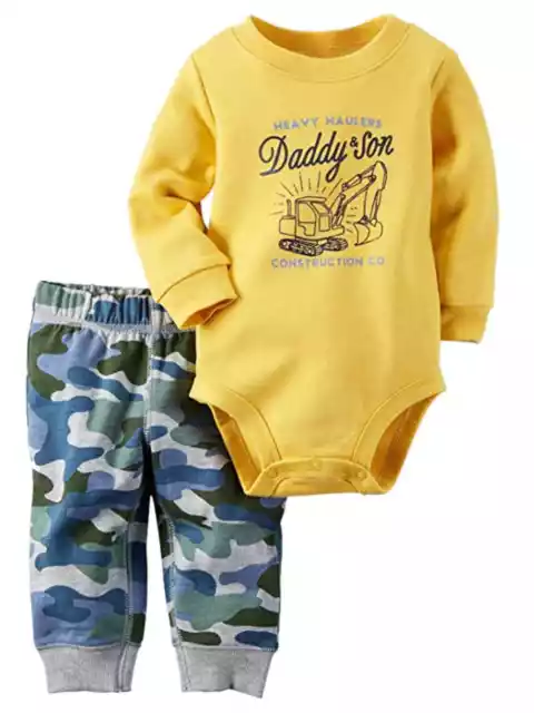 Carters Infant Boys Construction Baby Outfit Yellow Bodysuit & Camo Jogger Pants