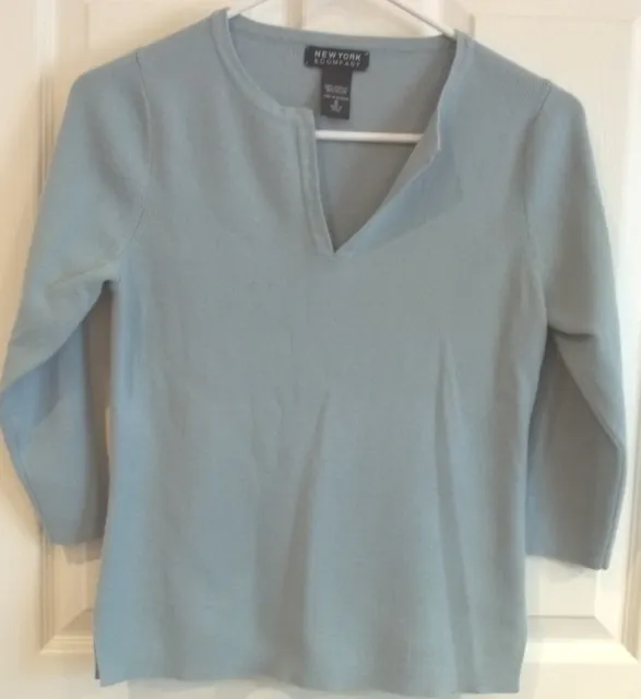 Womens NEW YORK & Co~BLUE SWEATER~NEW~size SMALL V-neck Knit Blouse 3/4 Slv TOP