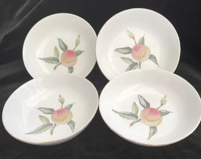Royal Worcester dessert bowls x 4, oven-to-table ware, peaches decor, gilded